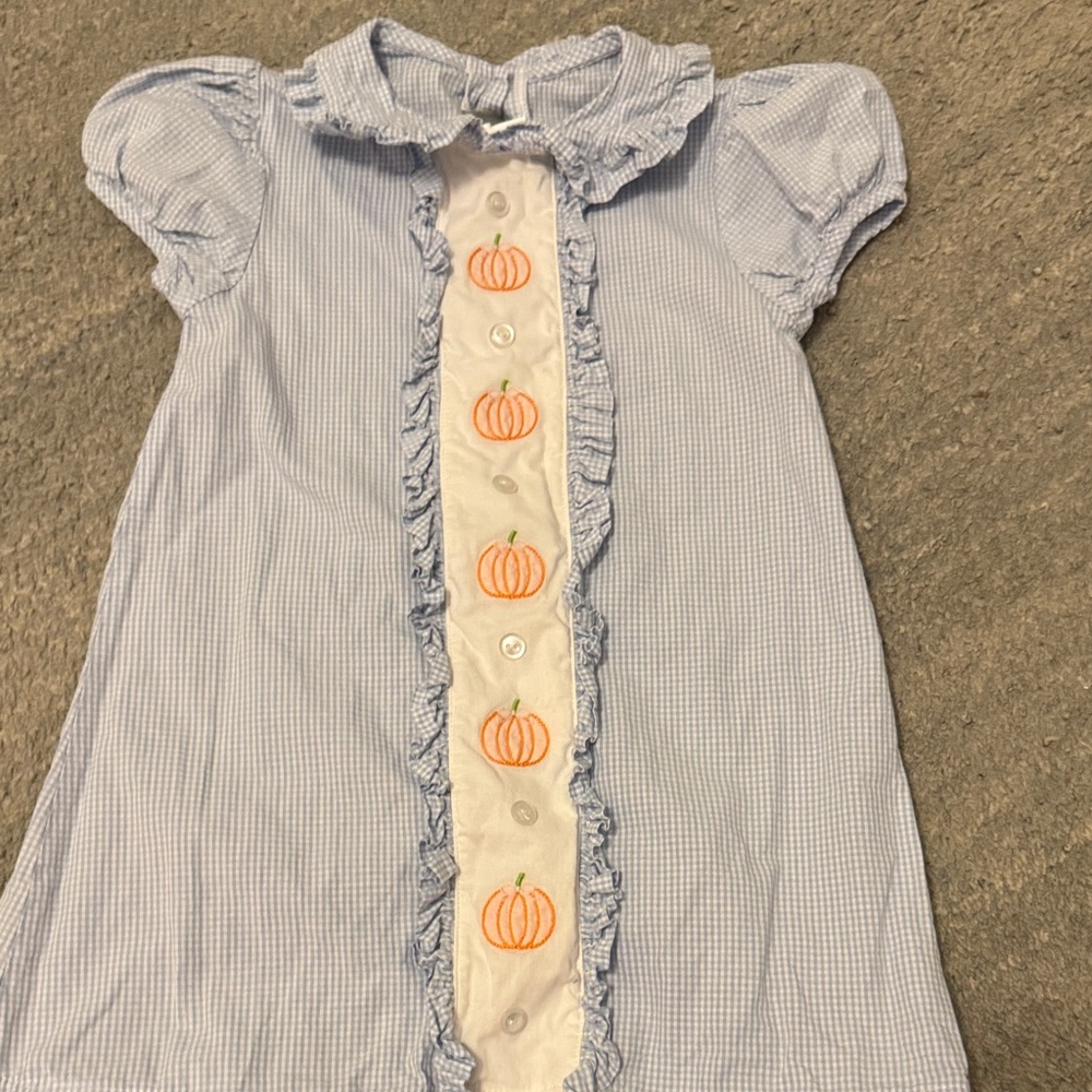 Blue and White Kids Dress with Pumpkin Embroidery
